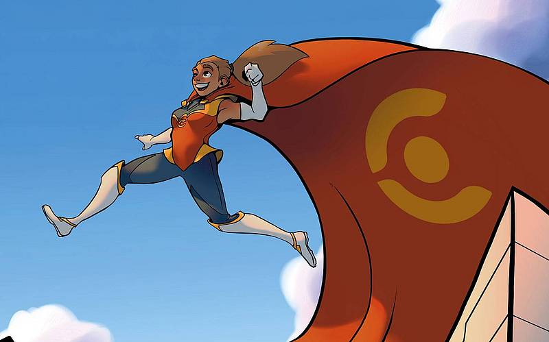 © HCW / Barth Cartoon einer Superheldin mit wehendem Cape, die über Hausdächer springt.