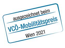 VCÖ-Mobilitätspreis Stempel mit Schriftzug ausgezeichnet beim VCÖ-Mobilitätspreis Wien 2021
