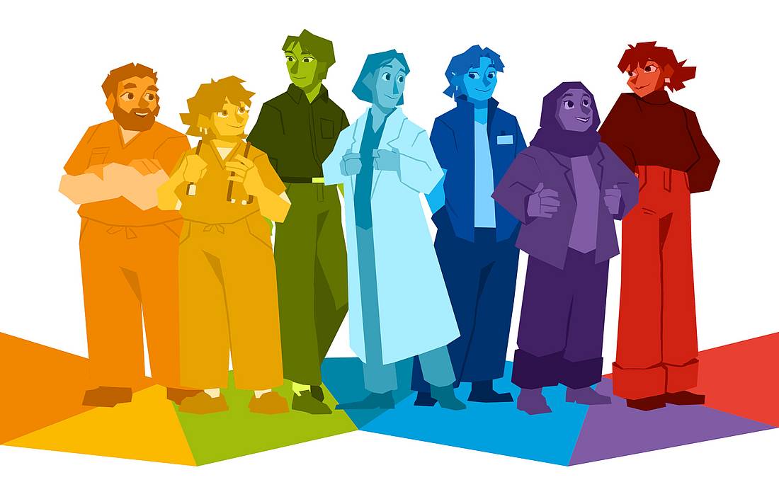 © HCW | Barth Illsutration von diversen Personen in Arbeitskleidung und -kitteln