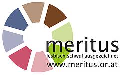 Logo meritus Kreis bestehend aus mehreren farbigen Elementen, die mit dem Schriftzug meritus lesbisch schwul ausgezeichnet www.meritus.or.at überlagert sind